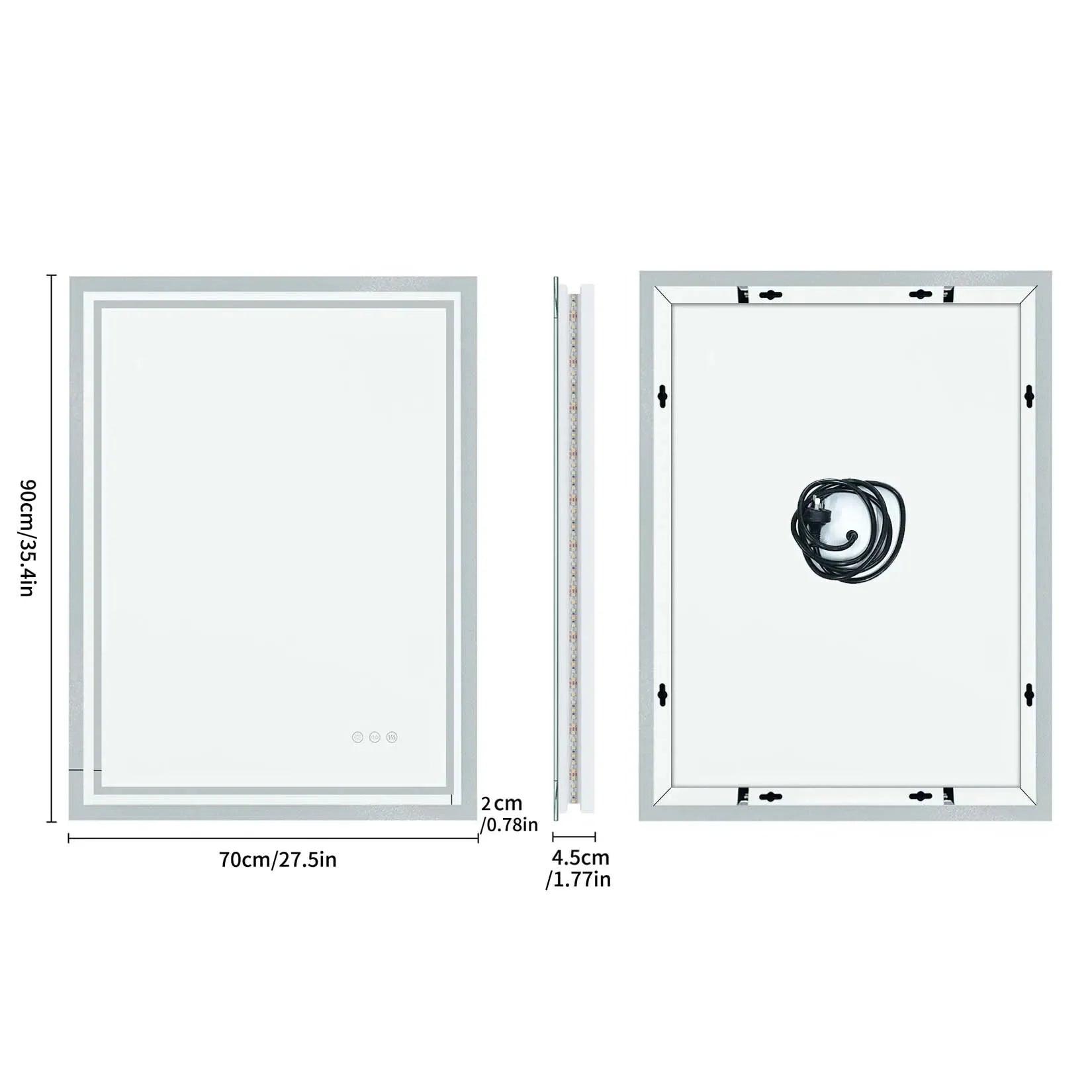 LED Light Bathroom Mirror Illuminated Wall Mounted Vanity Makeup Anti-Fog Rectangle 3 Colors Touch Light