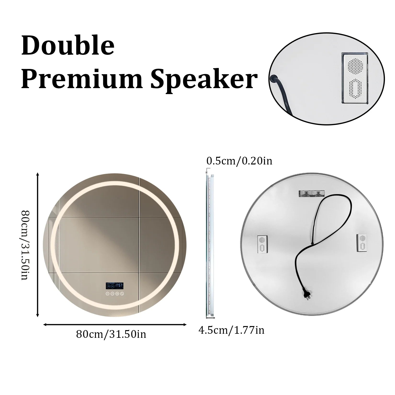 Dual Lighted Bluetooth Music LED Bathroom Mirror Touch Antifog Wall Vanity Mirror 3 Colors Adjustable Round/Square