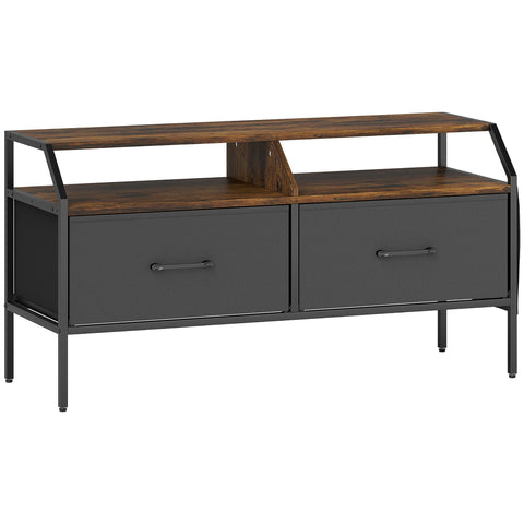 HOMCOM TV Stand Cabinet, TV Unit for 55-inch TVs with 2 Foldable Fabric Drawers, 5 Divided Side Pockets, Open Shelves, Console Table for Living Room, Bedroom, Entertainment Room, Rustic Brown