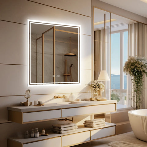 Square Backlit LED Mirror Dimmable Illuminated Bathroom Vanity Mirrors Anti-fog 3500K-6500K Smart Memory