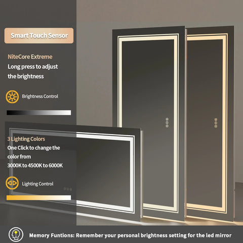 Large Wall-Mounted LED Illuminated Bathroom Mirror Touch Antifog Vanity Mirror Dimmable Commercial-Grade 42"