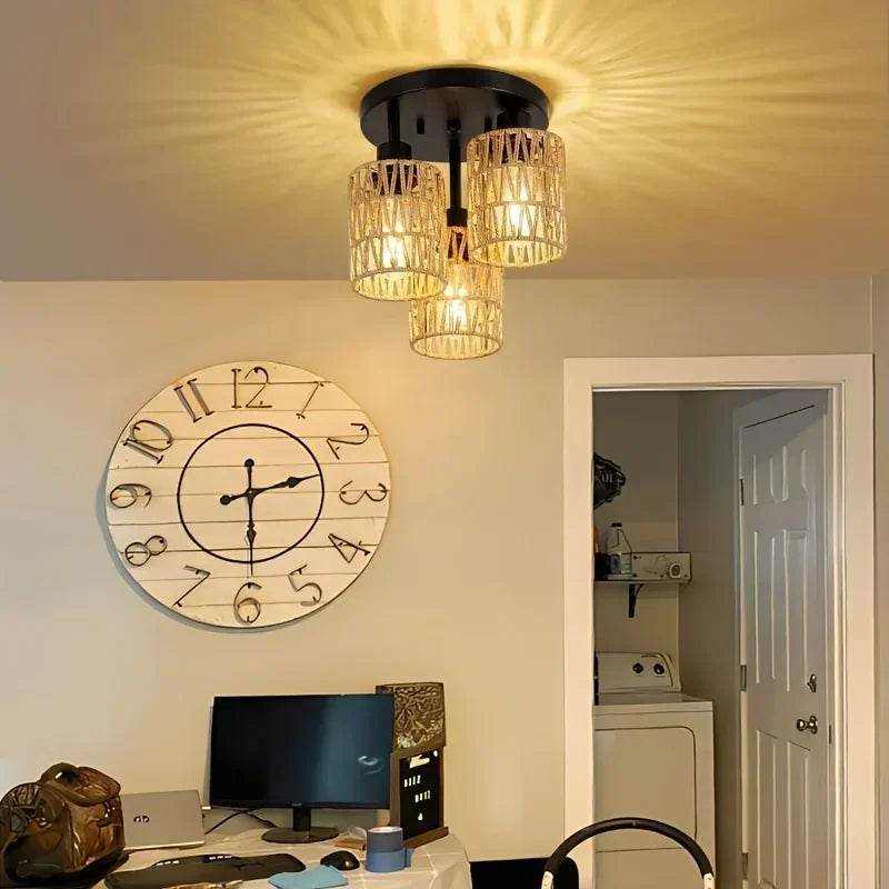 Boho Woven Rattan Ceiling Light – Hemp Shade Rustic Flush Mount Lamp