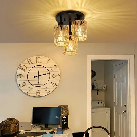 Boho Woven Rattan Ceiling Light – Hemp Shade Rustic Flush Mount Lamp