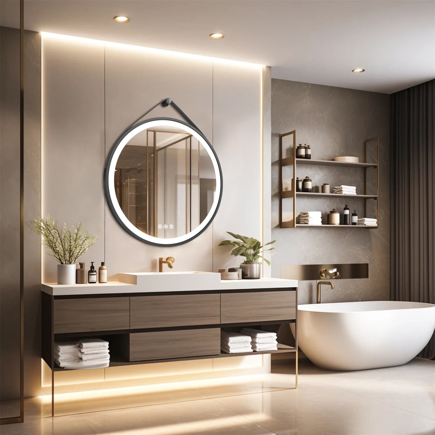 60/70/80CM Round LED Bathroom Mirror Wall Hanging Frontlit Vanity Makeup Mirror with Leather Strap Touch Anti-fog