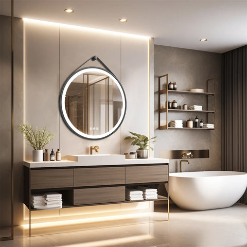 60/70/80CM Round LED Bathroom Mirror Wall Hanging Frontlit Vanity Makeup Mirror with Leather Strap Touch Anti-fog