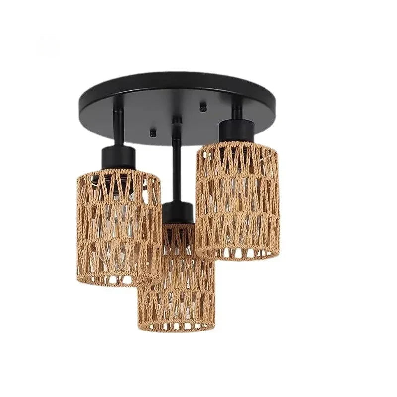 Boho Woven Rattan Ceiling Light – Hemp Shade Rustic Flush Mount Lamp