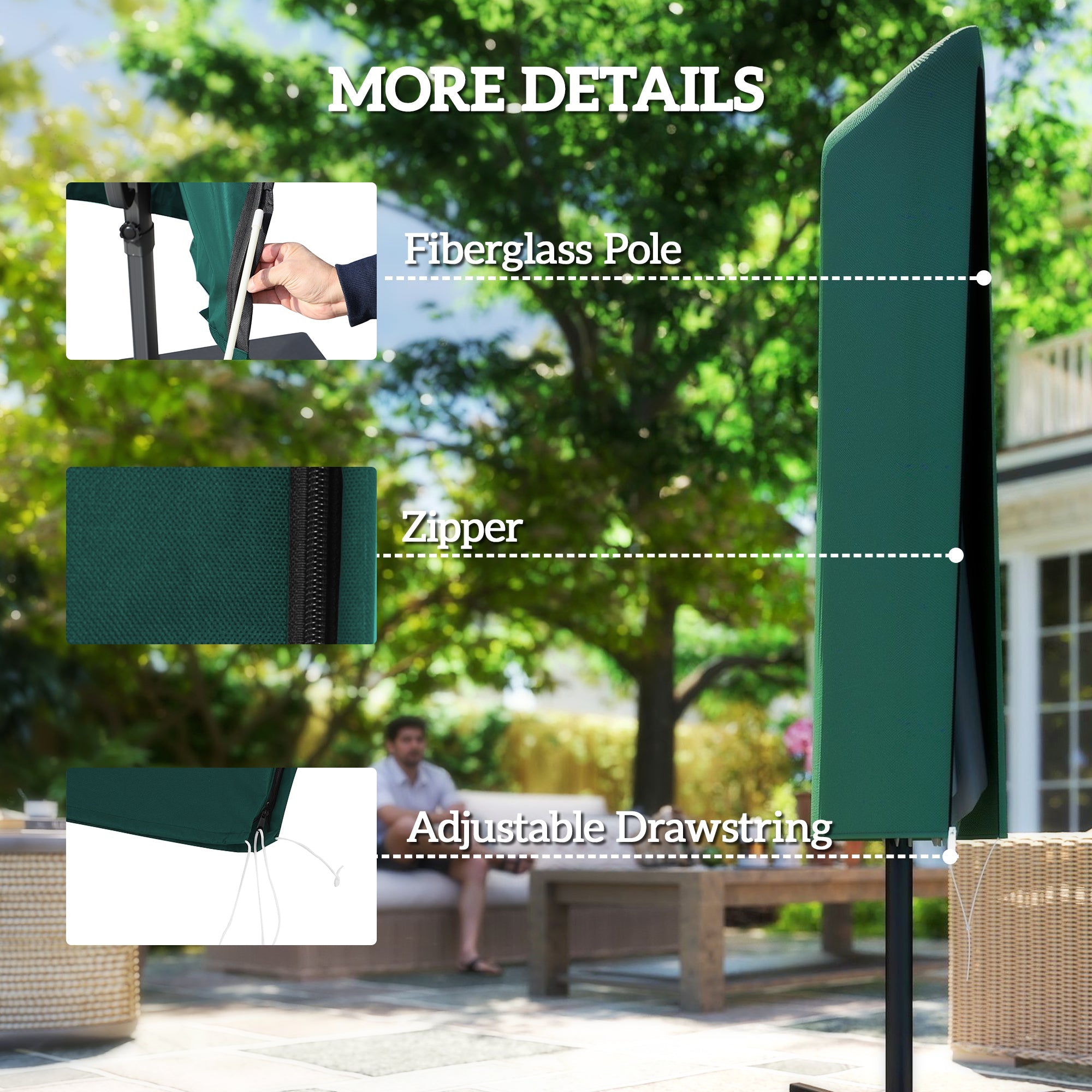 Outsunny Garden Parasol Cover, Outdoor Patio Umbrella Protector Weatherproof Garden Patio for 2-4.6m Parasol, Dark Green