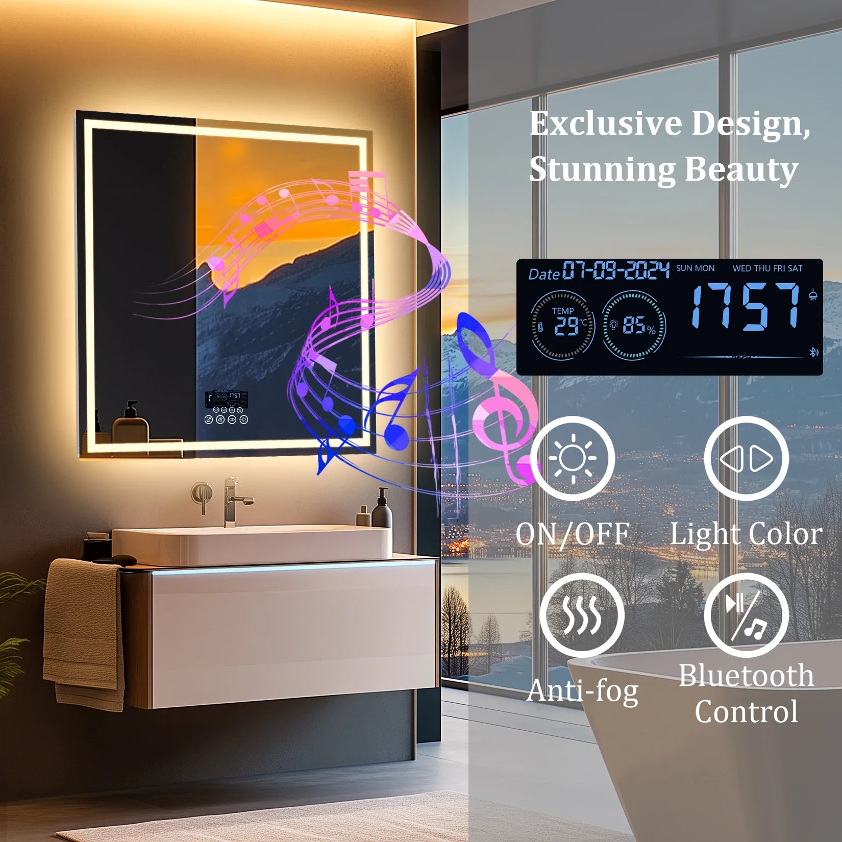 Dual Lighted Bluetooth Music LED Bathroom Mirror Touch Antifog Wall Vanity Mirror 3 Colors Adjustable Round/Square