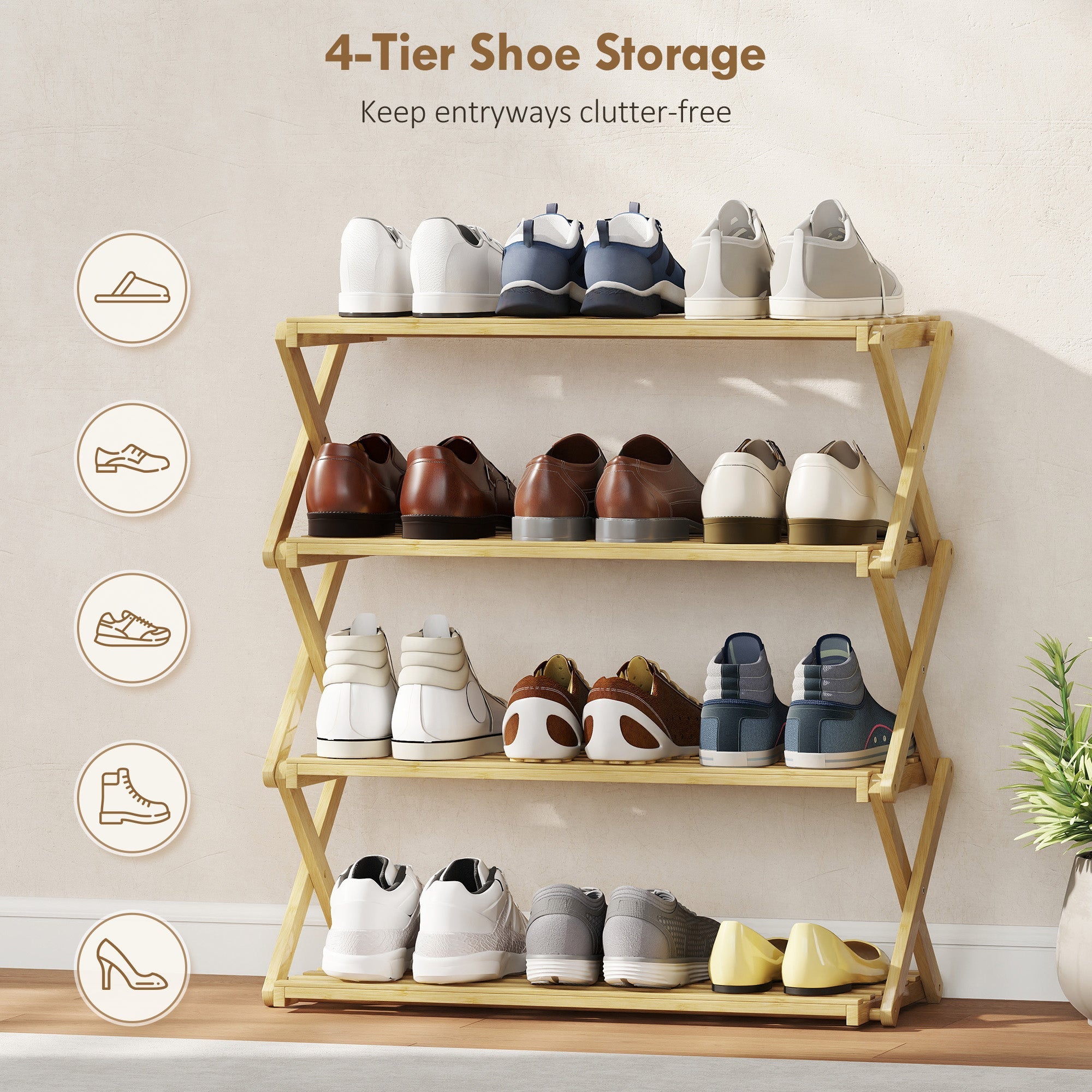 HOMCOM Four-Tier Folding Bamboo Shoe Rack - Natural Finish