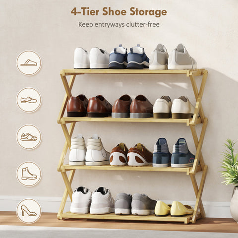 HOMCOM Four-Tier Folding Bamboo Shoe Rack - Natural Finish