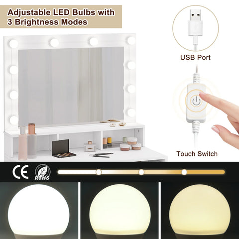 White Wooden Dressing Table Make up Cosmetic Table  with Adjustable LED Lighting Mirror vanity dresser for Gilrs  Women Bedroom