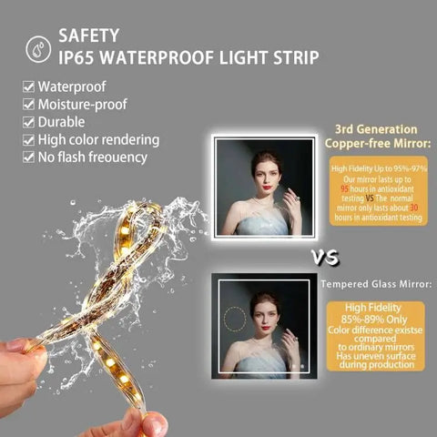 Square Backlit LED Mirror Dimmable Illuminated Bathroom Vanity Mirrors Anti-fog 3500K-6500K Smart Memory