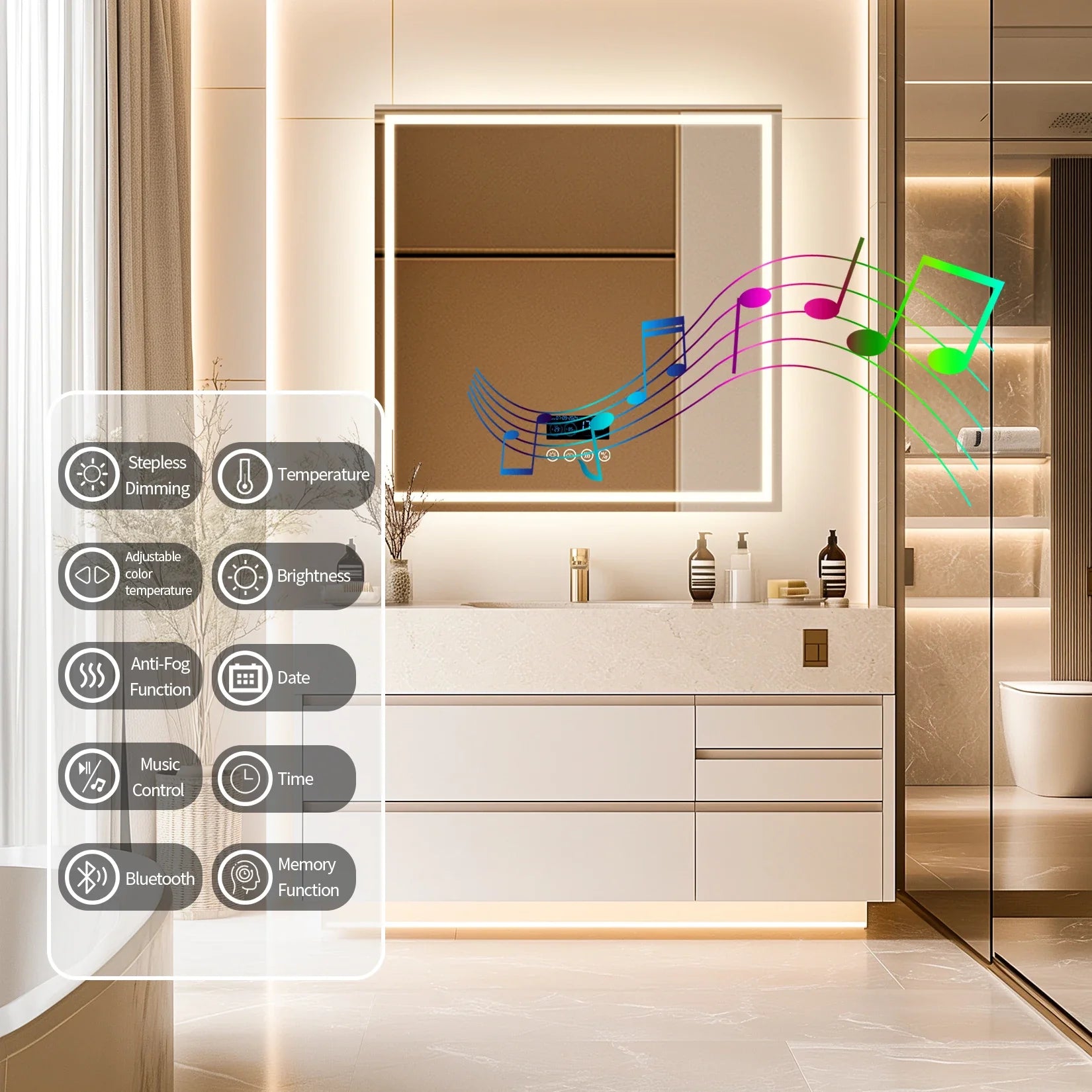 Dual Lighted Bluetooth Music LED Bathroom Mirror Touch Antifog Wall Vanity Mirror 3 Colors Adjustable Round/Square