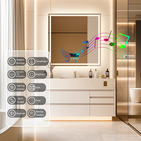 Dual Lighted Bluetooth Music LED Bathroom Mirror Touch Antifog Wall Vanity Mirror 3 Colors Adjustable Round/Square