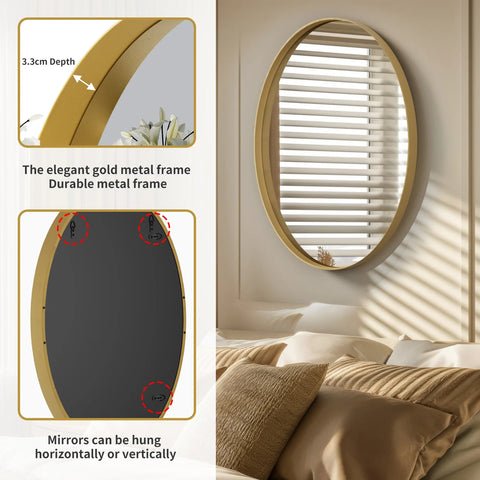 Oval Wall Mounted Mirror, Brushed Gold Aluminum Framed Vanity Accent Mirror for Entryway Living Room, Vertically or Horizontal