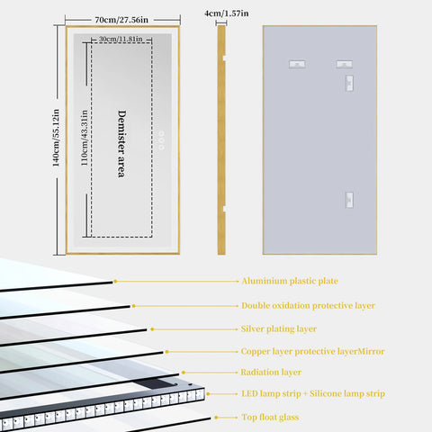 Overlength 140/151/160CM Rectangle LED Bathroom Mirror Gold Aluminum Frame Vanity MIirror Touch Defogging