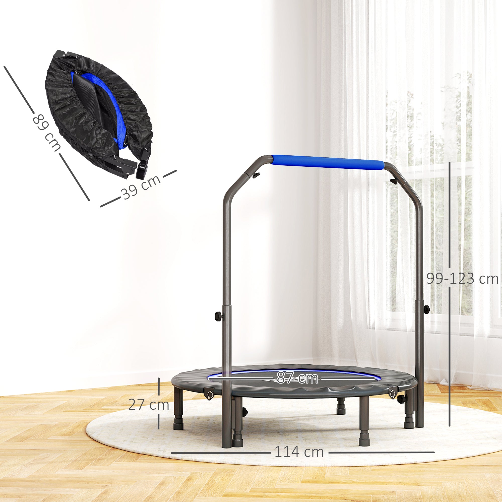 HOMCOM 45" Foldable Mini Fitness Trampoline, with Adjustable Foam Handle, Blue