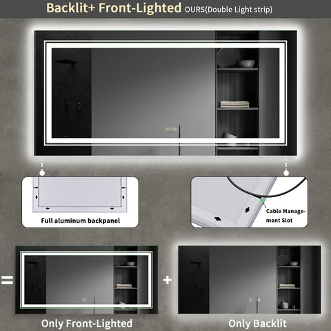 Jumbo-Large Illuminated LED Bathroom Mirror, Front and Backlit Lights, Wall Mounted, Touch Anti-fog Vanity Mirror