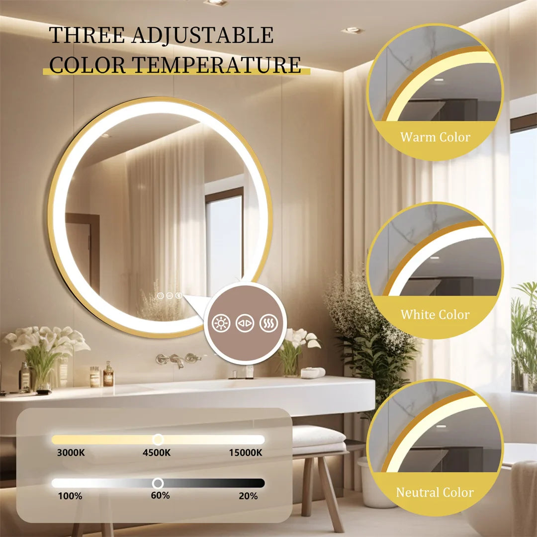 LUVODI 24 Inch Gold Frame Round Bathroom Mirror with Lights Illuminate Wall Vanity Mirror 3 Color Dimmable Anti-Fog Smart Mirror