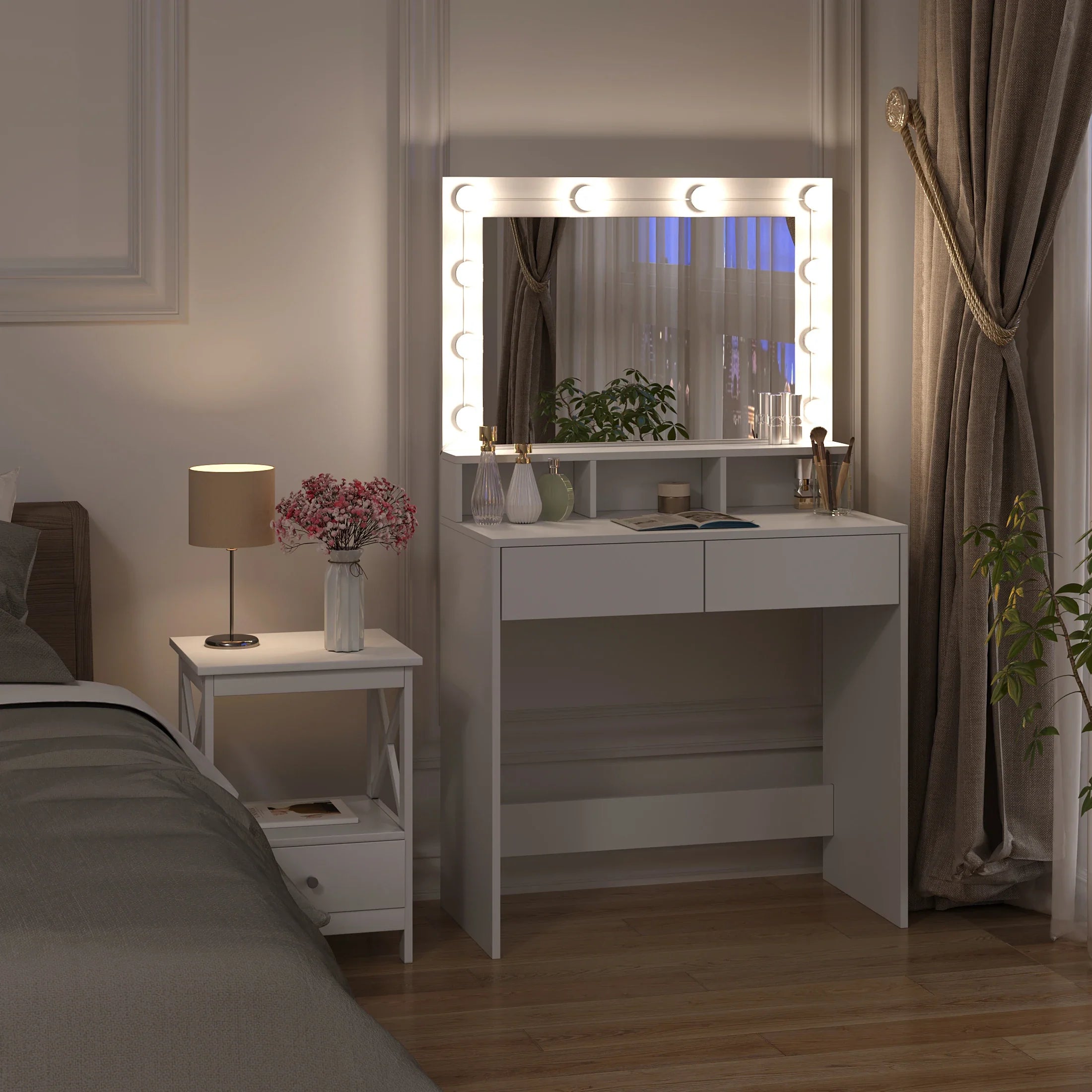 White Wooden Dressing Table Make up Cosmetic Table  with Adjustable LED Lighting Mirror vanity dresser for Gilrs  Women Bedroom