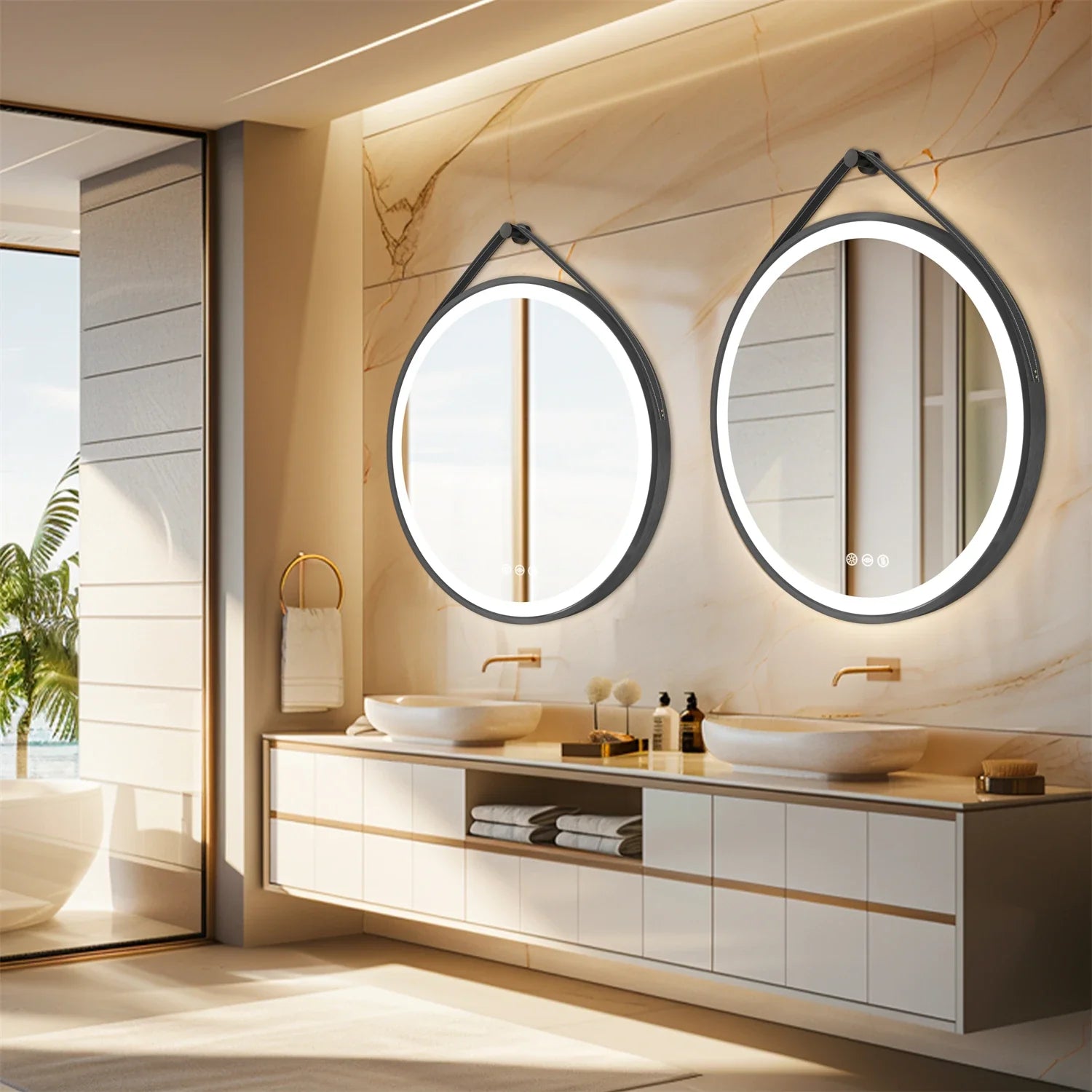 60/70/80CM Round LED Bathroom Mirror Wall Hanging Frontlit Vanity Makeup Mirror with Leather Strap Touch Anti-fog