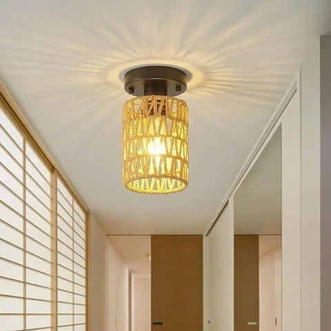 Boho Woven Rattan Ceiling Light – Hemp Shade Rustic Flush Mount Lamp