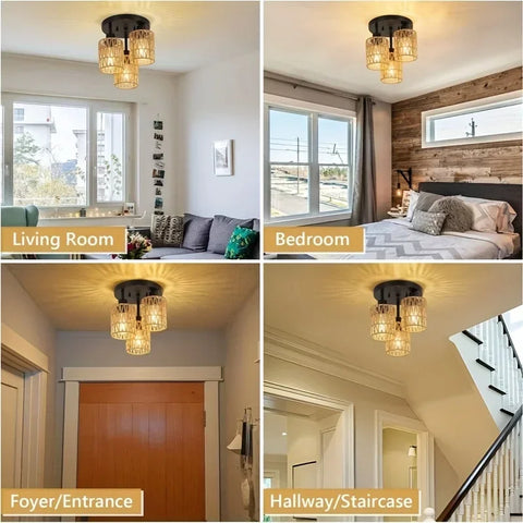 Boho Woven Rattan Ceiling Light – Hemp Shade Rustic Flush Mount Lamp