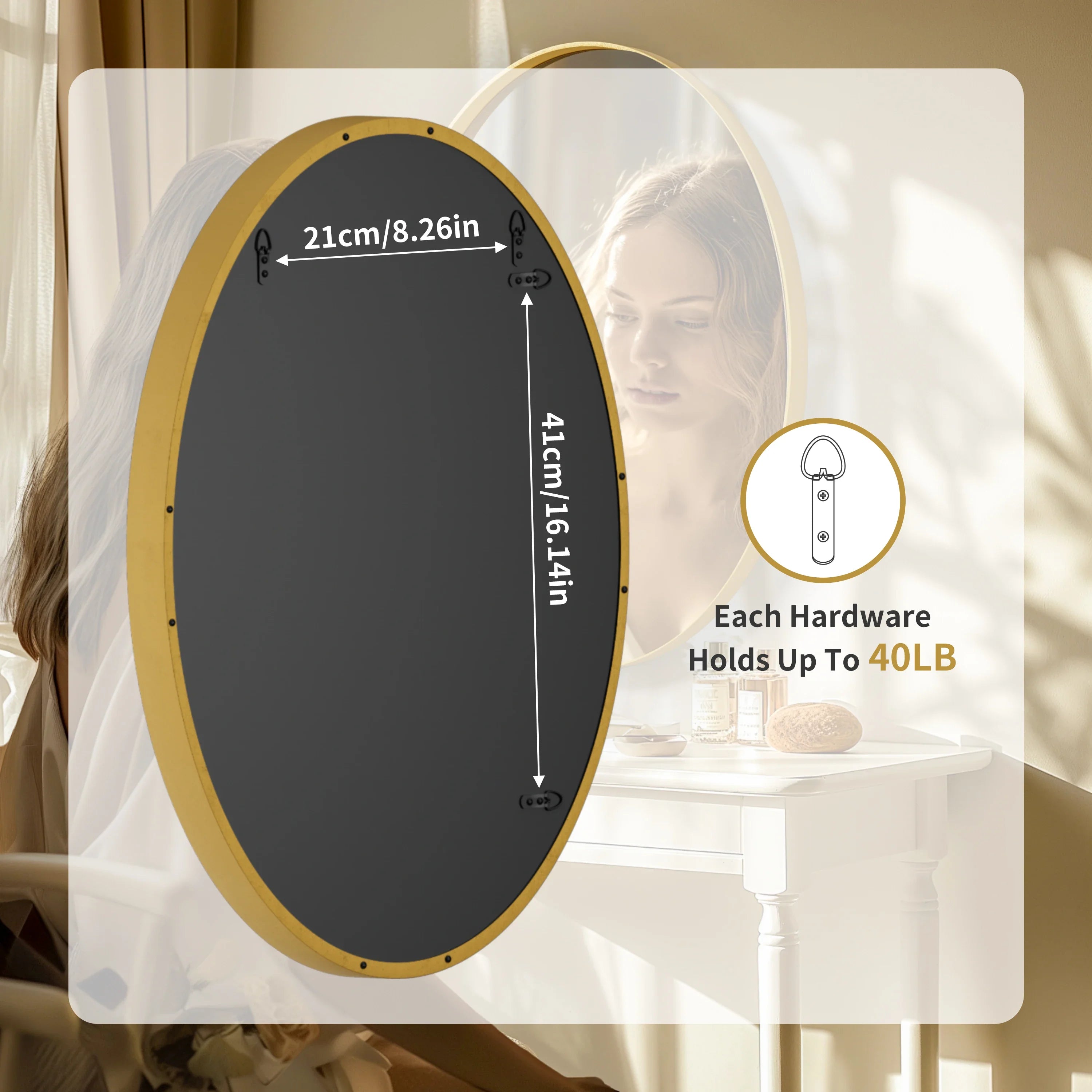 Oval Wall Mounted Mirror, Brushed Gold Aluminum Framed Vanity Accent Mirror for Entryway Living Room, Vertically or Horizontal