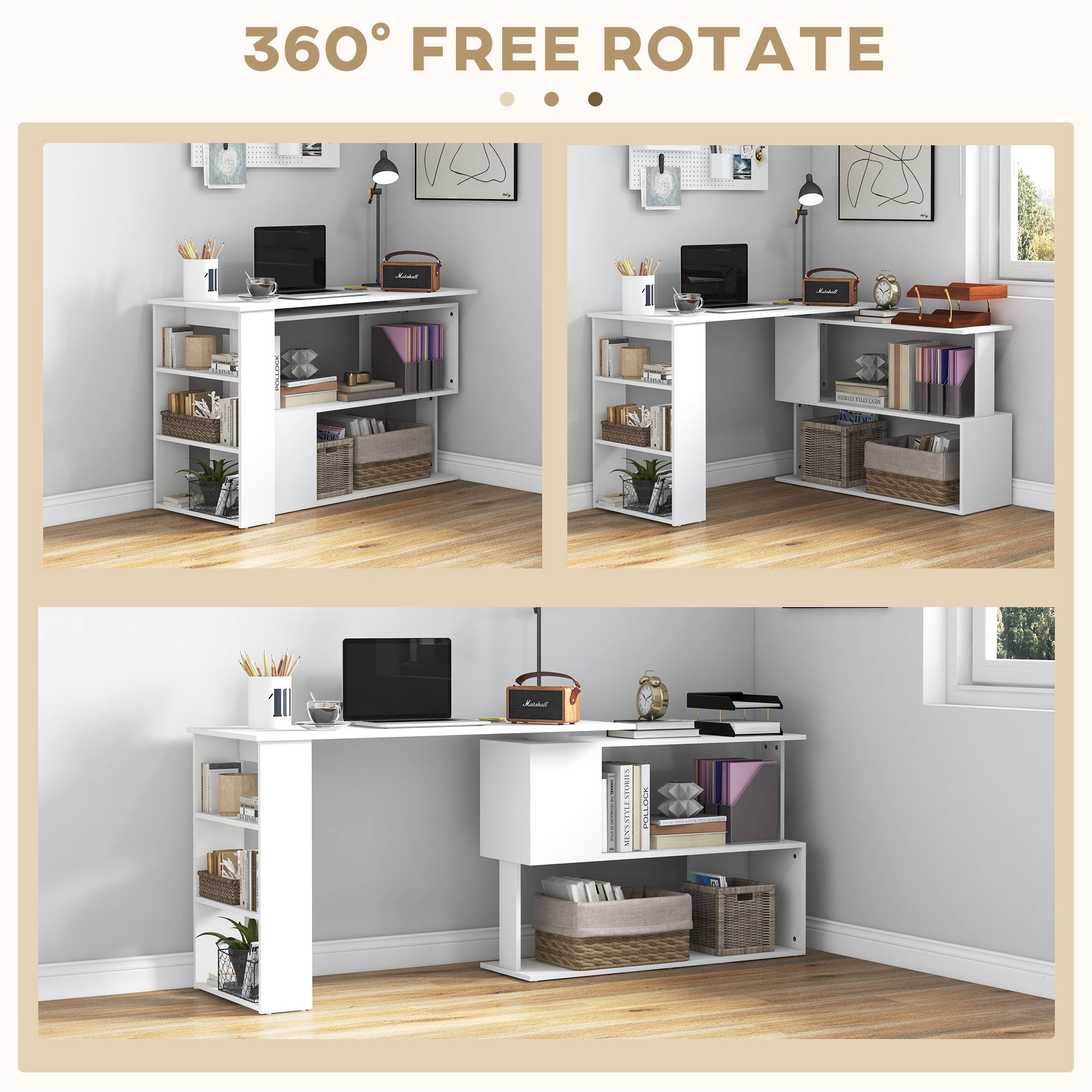 HOMCOM Corner Computer Desk, L Shaped Desk with 360° Rotating Bookshelf, 120L x 110W x 74.5H cm, White