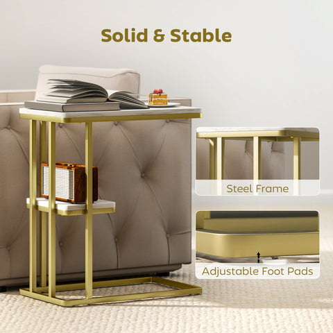 HOMCOM C-Shaped Narrow Side Table, 2-Tier Slim End Table, Nightstand for Small Spaces, Living Room, Bedroom, White Marble Grain