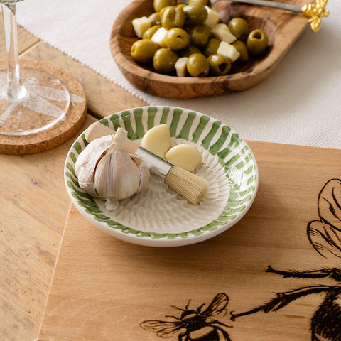 Green Stripe Ceramic Garlic Grater & Brush Set