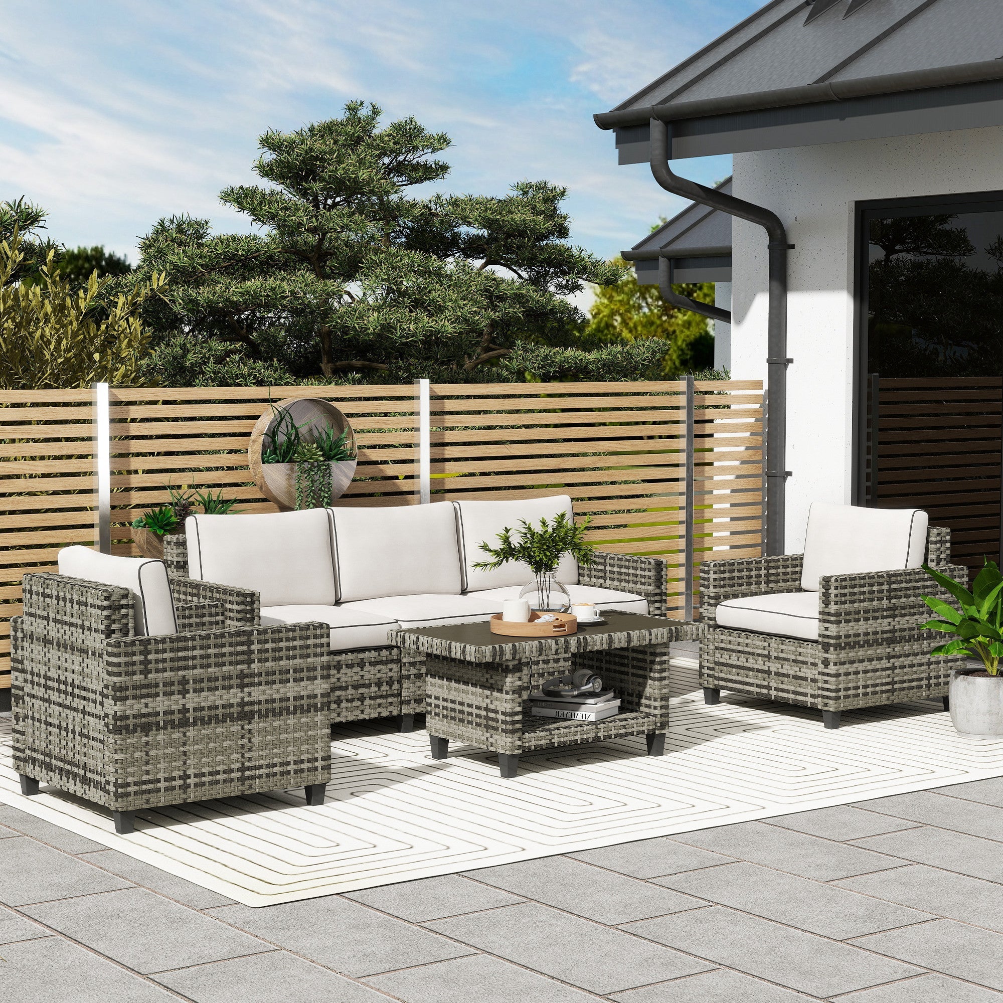 Outsunny 6 Pieces Rattan Garden Furniture Set, 5 Seater Wicker Outdoor Furniture Set with 2 Armchairs, Steel Frame Coffee Table and Cushions for Balcony, Porch, Light Grey
