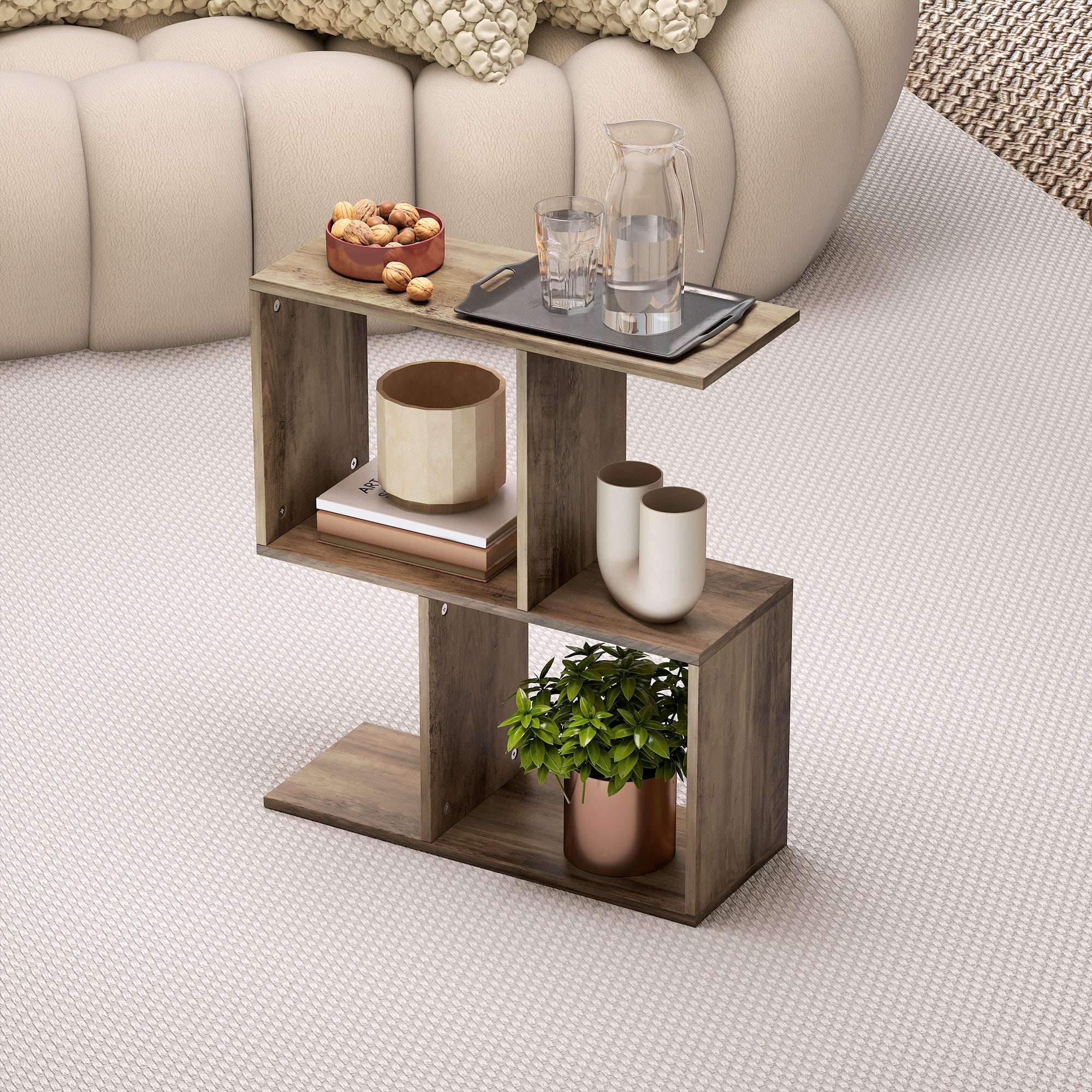 HOMCOM Side Table, Narrow End Table with Storage Shelves, S-Shaped, 3-Tier, 50W x 19.5D x 58H cm, Oak