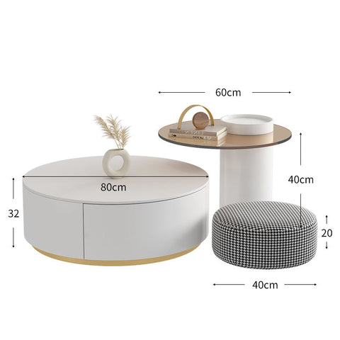 Riviera Round Nesting Coffee Table Set With Ottoman, White