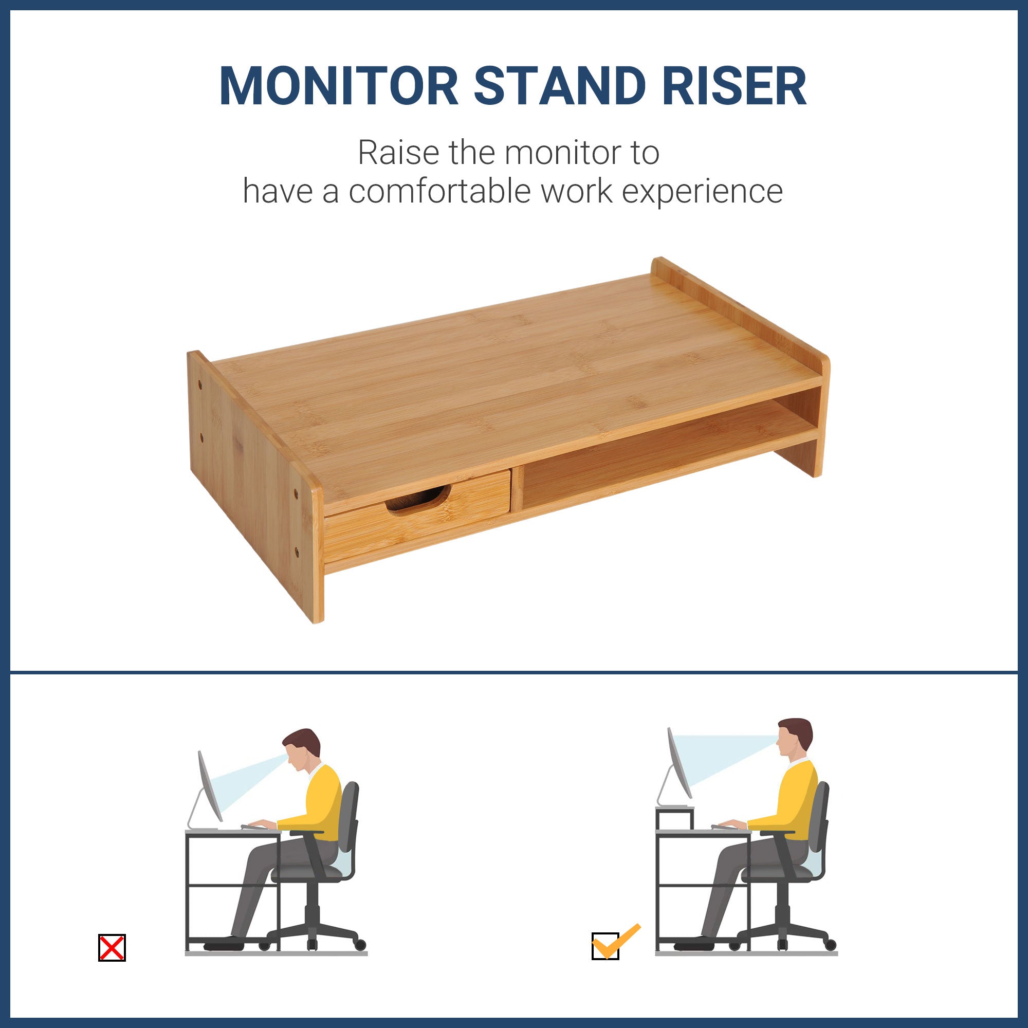 HOMCOM Monitor Riser Laptop PC Plinth Stand TV Computer Desktop Organiser W/ Drawer Bamboo