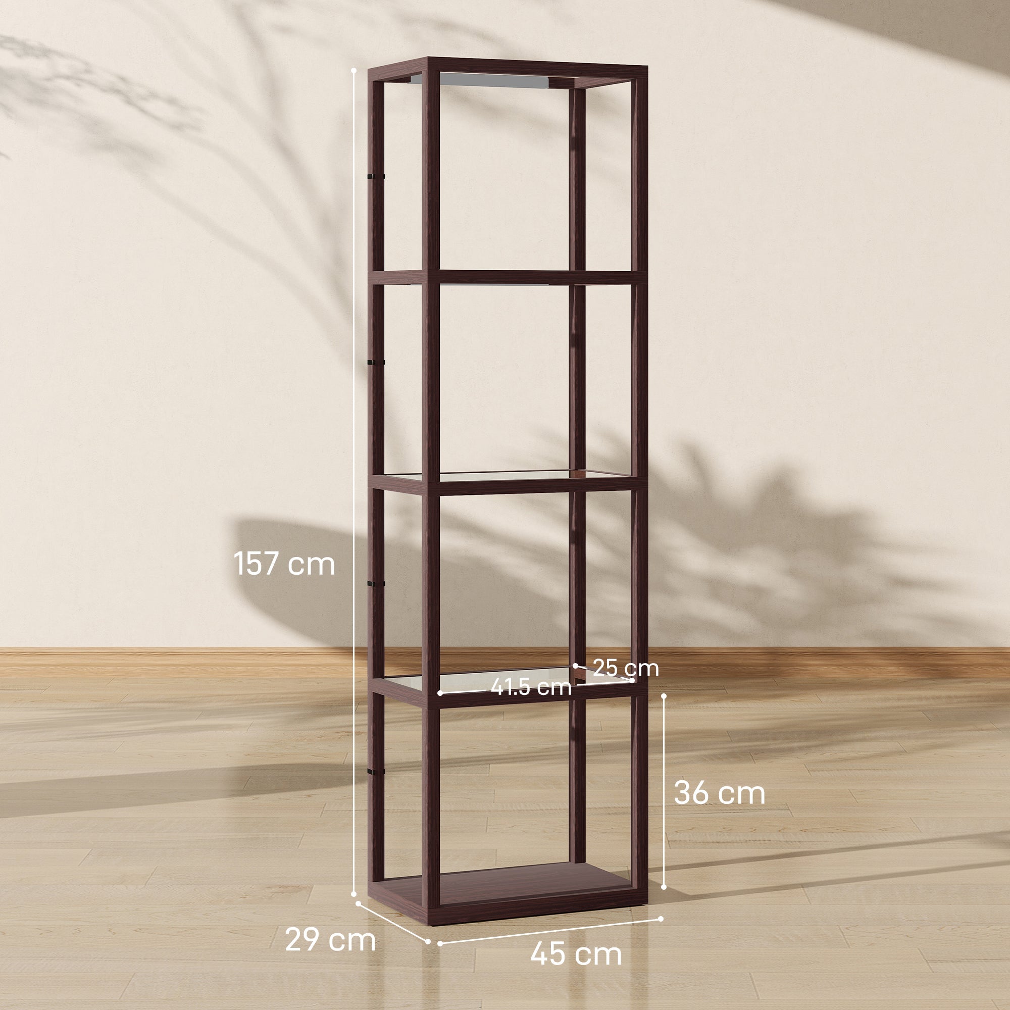 HOMCOM LED Floor Lamp with Glass Shelves, 4 Layers Dimmable Tall Standing Lamp, Modern Column Shelf Floor Light for Living Room, Bedroom, Office, Dark Brown