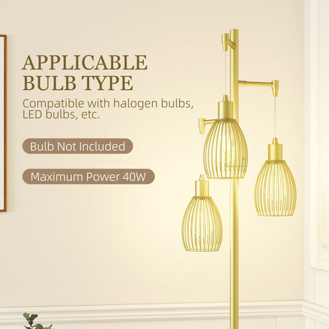 HOMCOM 3-Light Floor Lamp, 170cm Industrial Dimmable Standing Lamp with Steel Wire Cage Lampshades for Living Room, Bedroom, Dining Room, Study, Gold Tone
