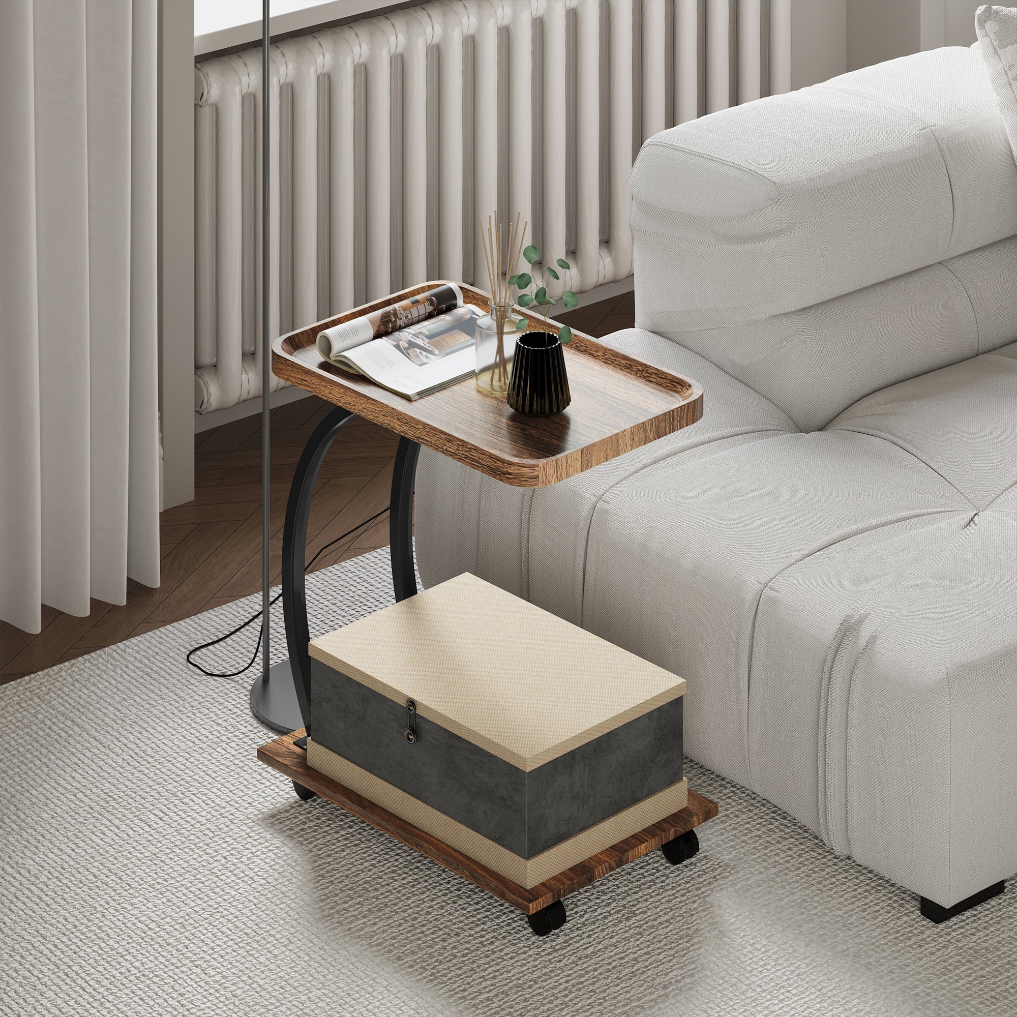 HOMCOM 2-Tier Mobile C-Shaped Side Table - Brown