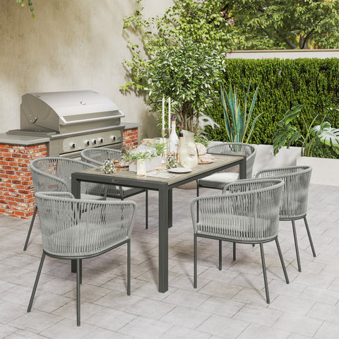Outsunny Rattan Dining Set, 6 Seater Rattan Garden Furniture Set with Acacia Wood Top Rectangle Table, 6 Chairs, Washable Seat Cushions, for Outdoor, Patio, Conservatory, Grey