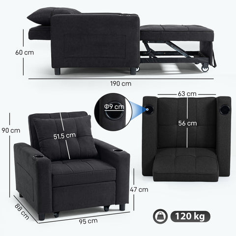 HOMCOM 3-in-1 Single Sofa Bed, Convertible Sleeper Chair Bed - Black