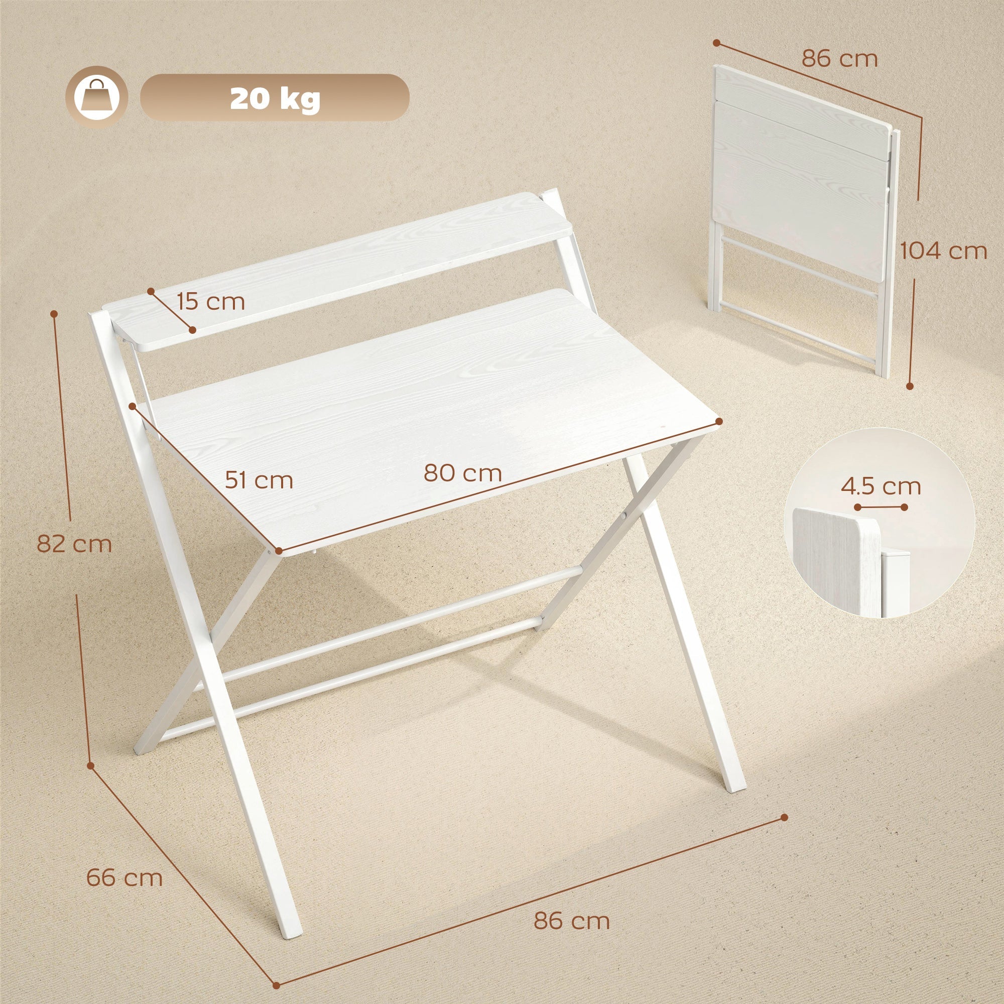 HOMCOM Compact Folding Desk for Small Spaces with Storage Shelf for Home Office, White