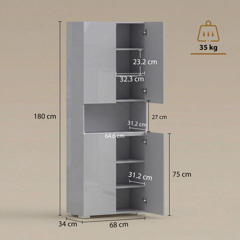 HOMCOM 180 cm Tall Kitchen Cupboard, Pantry Storage Cabinet with Soft Close Doors and Adjustable Shelves, High Gloss Grey