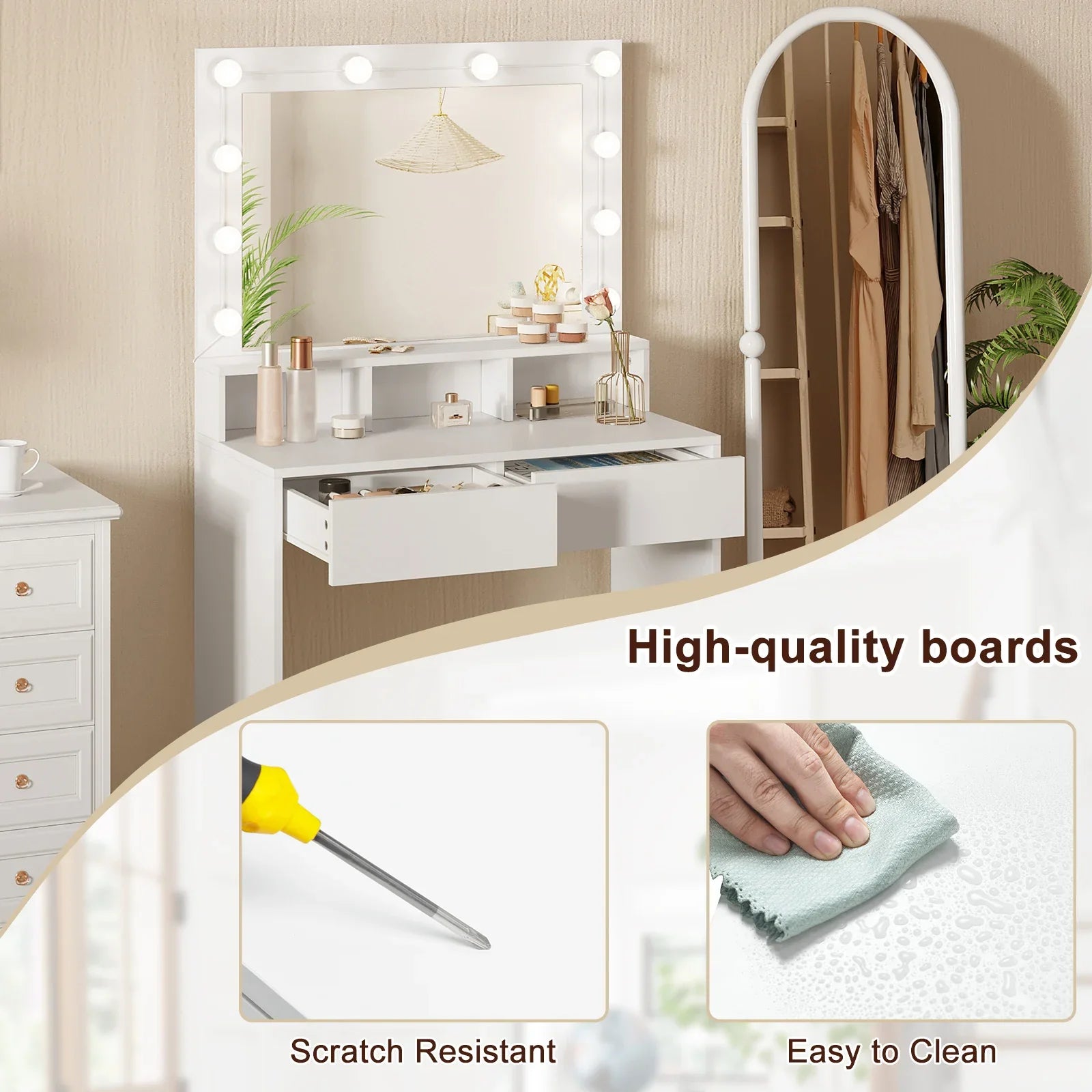 White Wooden Dressing Table Make up Cosmetic Table  with Adjustable LED Lighting Mirror vanity dresser for Gilrs  Women Bedroom