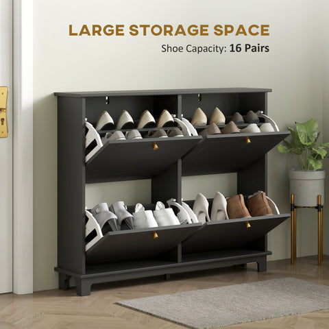 HOMCOM Narrow Shoe Storage Cabinet, Slim Shoe Cabinet with 4 Flip Drawers, Adjustable Shelves for 16 Pairs of Shoes, Black