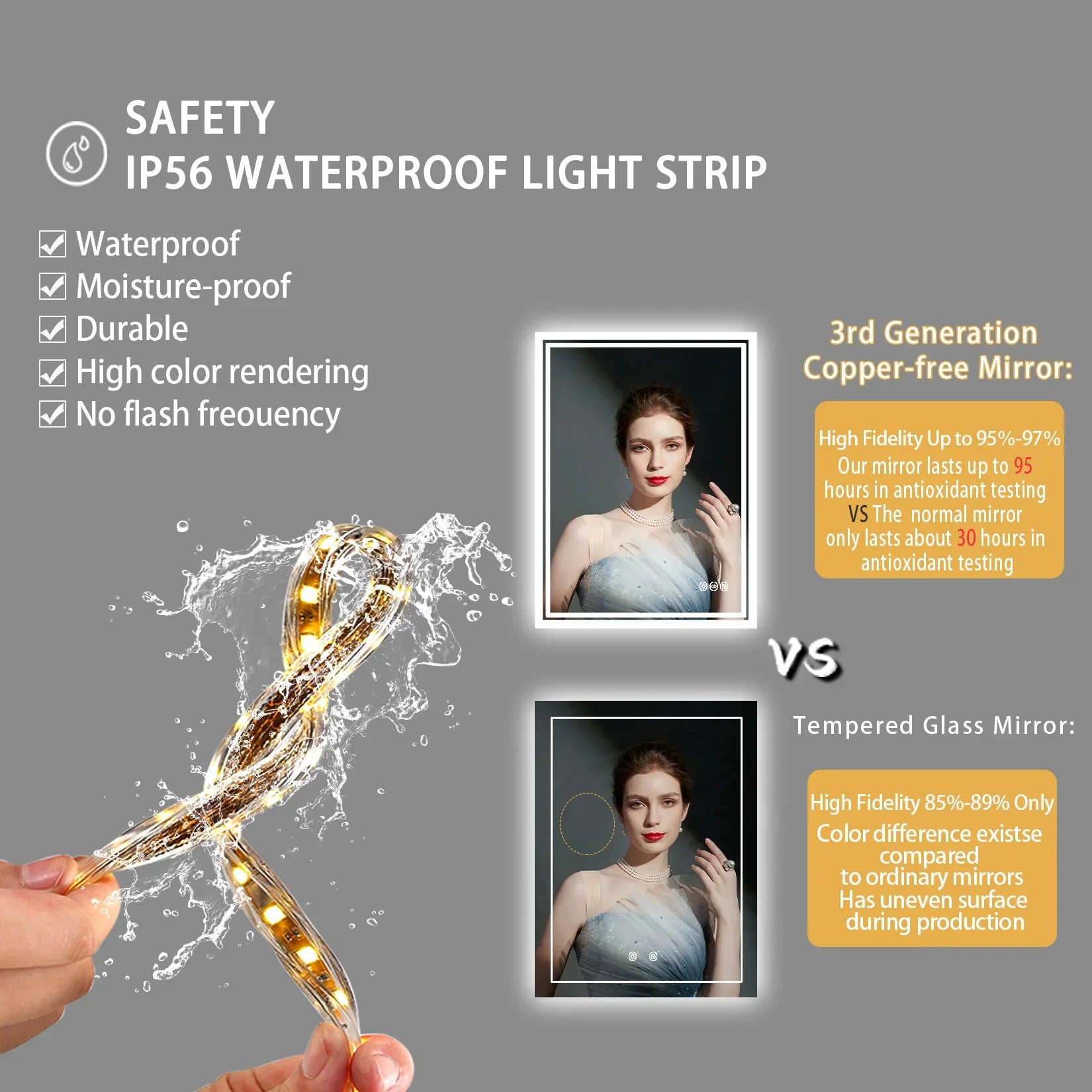 LED Light Bathroom Mirror Illuminated Wall Mounted Vanity Makeup Anti-Fog Rectangle 3 Colors Touch Light