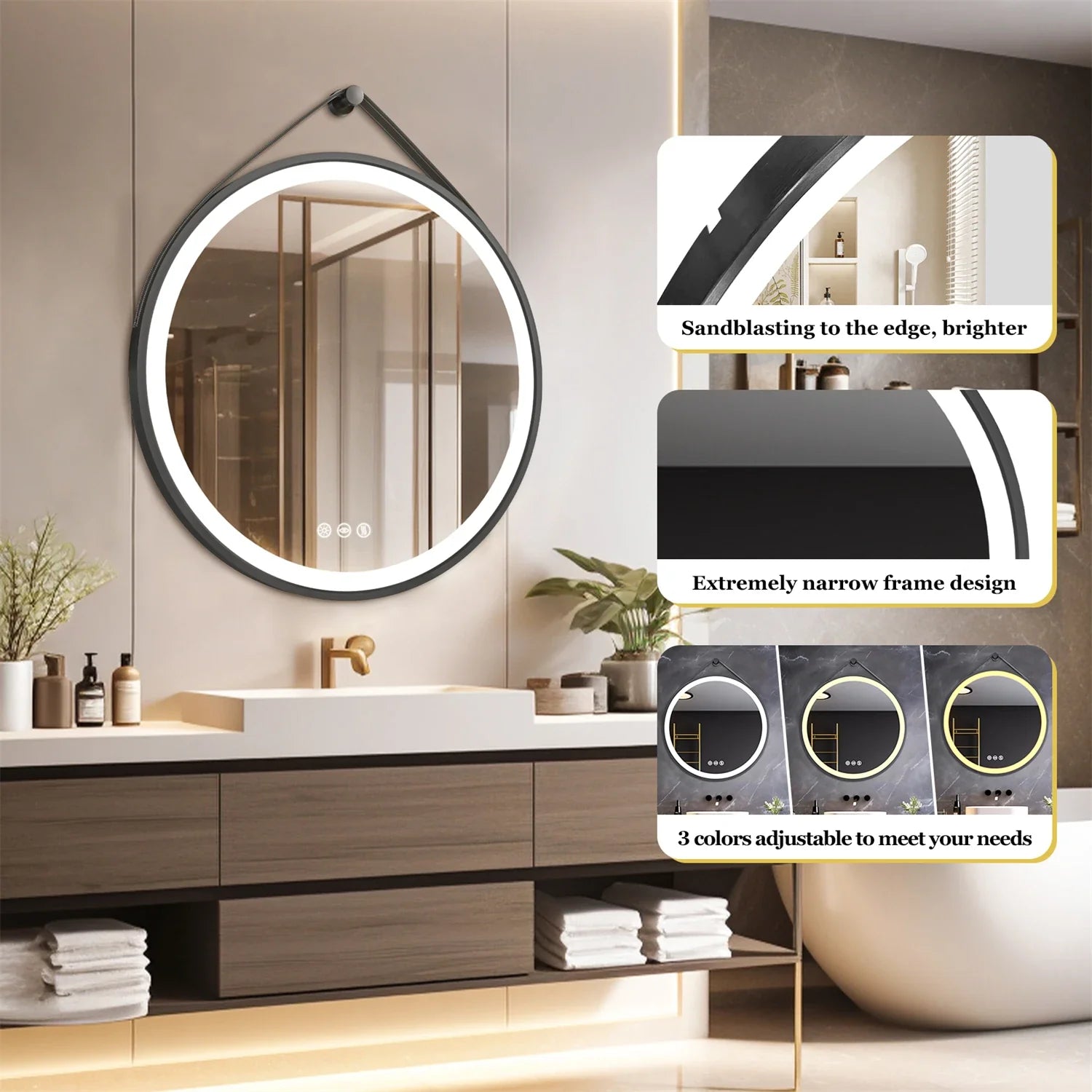 60/70/80CM Round LED Bathroom Mirror Wall Hanging Frontlit Vanity Makeup Mirror with Leather Strap Touch Anti-fog