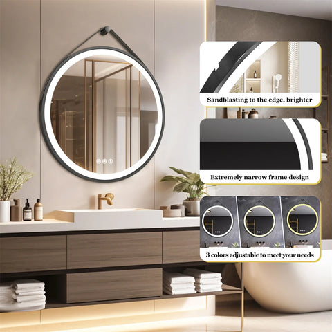 60/70/80CM Round LED Bathroom Mirror Wall Hanging Frontlit Vanity Makeup Mirror with Leather Strap Touch Anti-fog