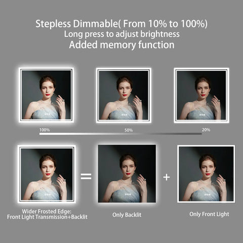 Square Backlit LED Mirror Dimmable Illuminated Bathroom Vanity Mirrors Anti-fog 3500K-6500K Smart Memory