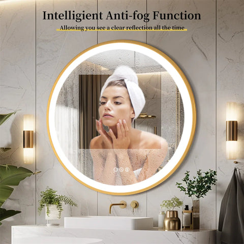 LUVODI 24 Inch Gold Frame Round Bathroom Mirror with Lights Illuminate Wall Vanity Mirror 3 Color Dimmable Anti-Fog Smart Mirror