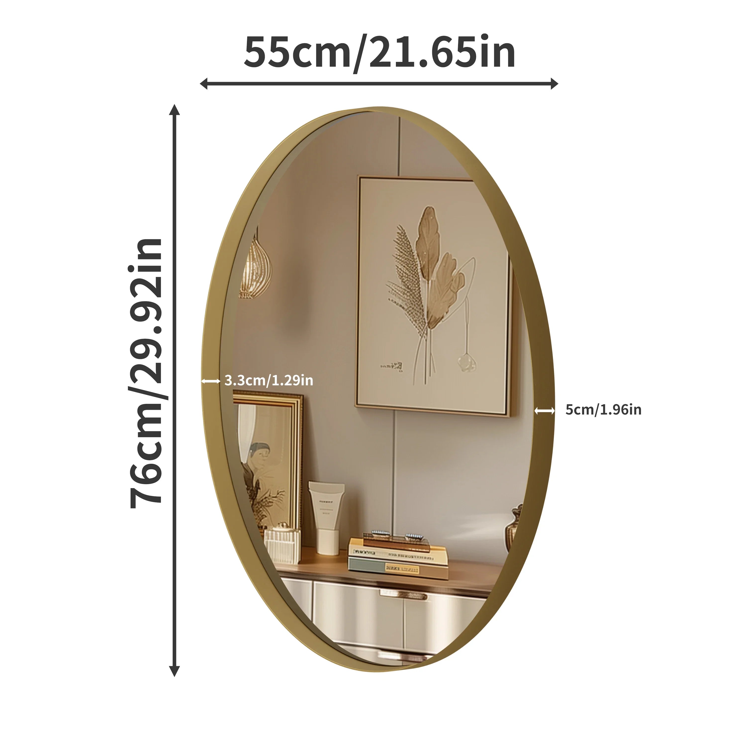 Oval Wall Mounted Mirror, Brushed Gold Aluminum Framed Vanity Accent Mirror for Entryway Living Room, Vertically or Horizontal